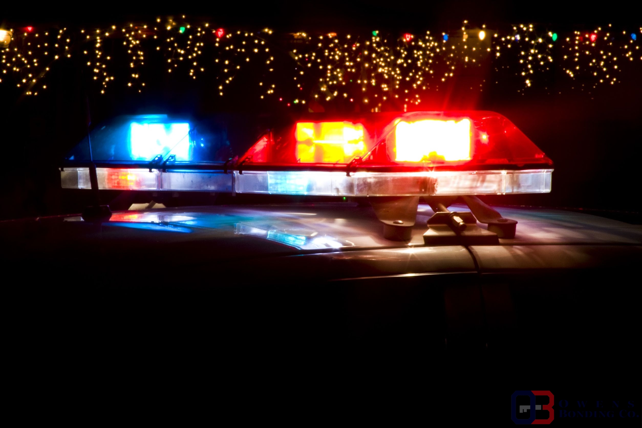 police car light bar in front of Christmas decorations